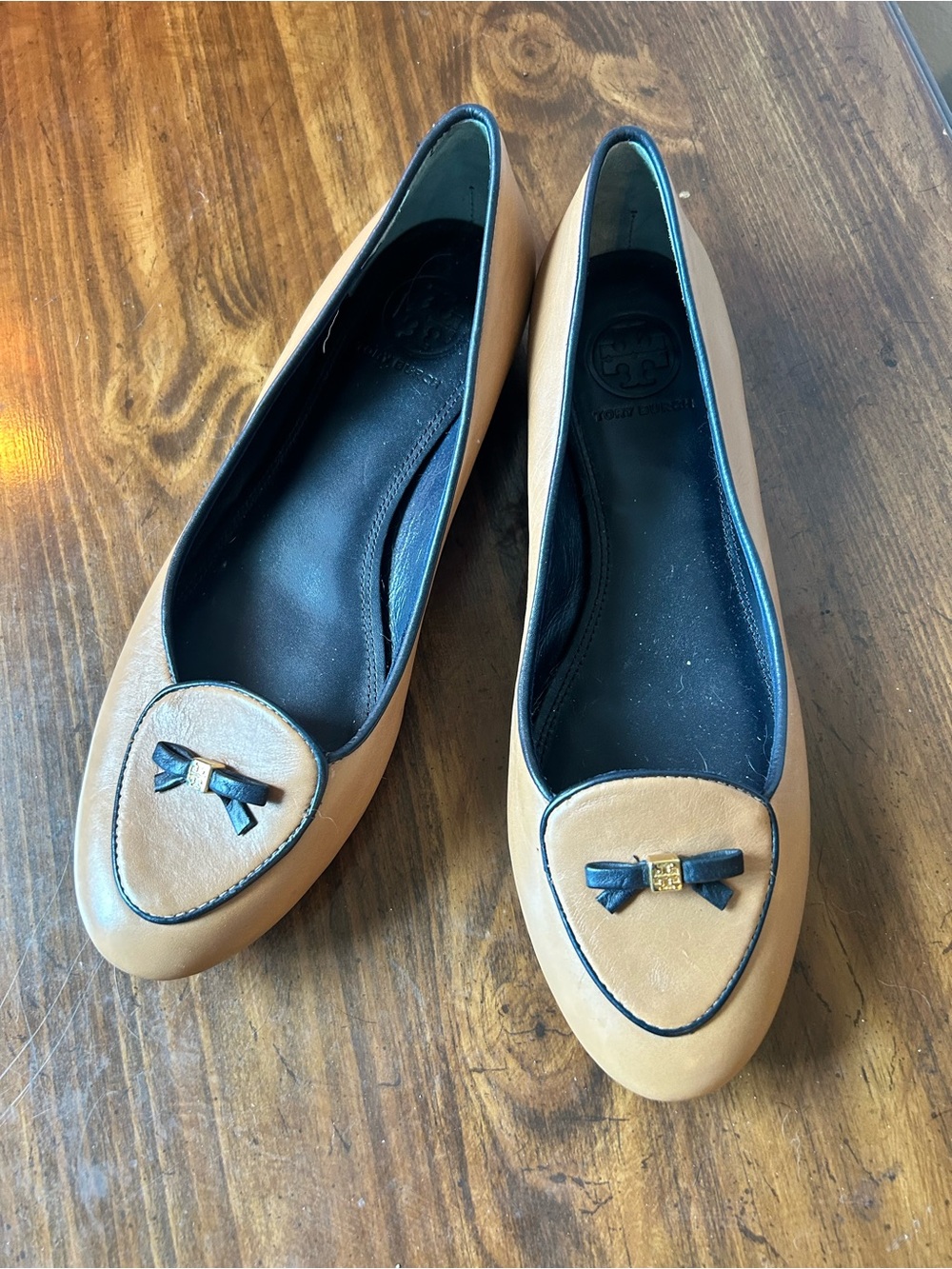 Tory Burch Tan Leather Ballet Flats with Black Trim and Bow